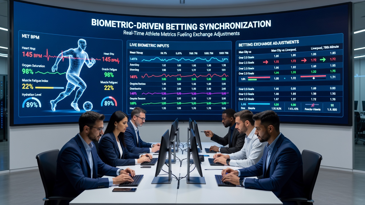 Dashboard interface displaying synchronized biometric data feeds linked to live betting odds and casino reward tiers