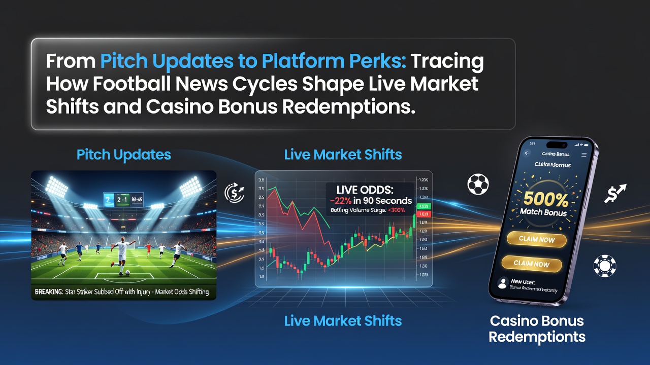 Football pitch during a live match with digital overlays showing betting market fluctuations and casino bonus notifications