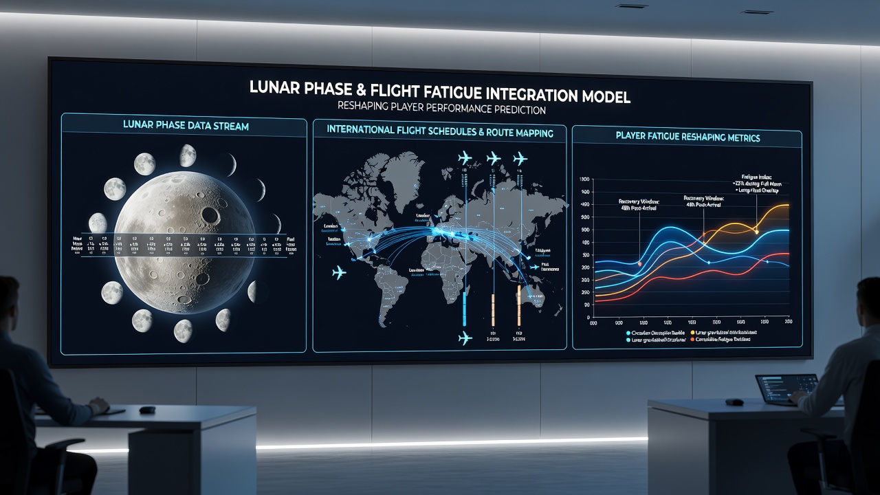 Analytics dashboard displaying fatigue-adjusted odds alongside lunar calendar and flight tracking overlays