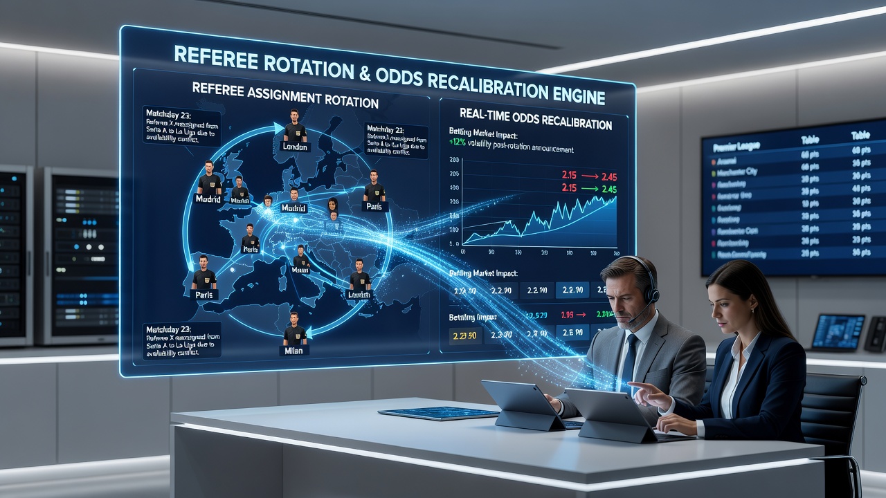 Live odds dashboard showing referee-driven recalibrations alongside casino loyalty tier progress bars